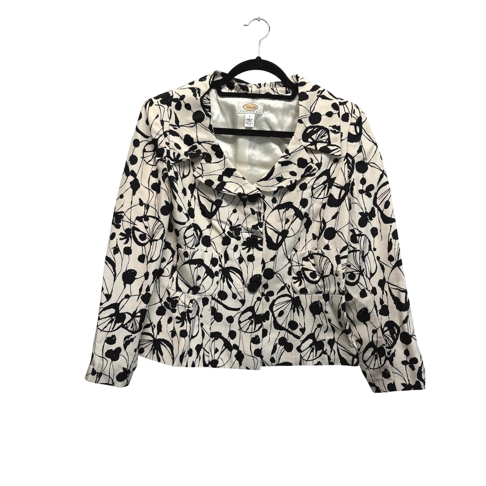 Talbots Blazer 100% Silk Floral Abstract Print 8P Cream Black Womens